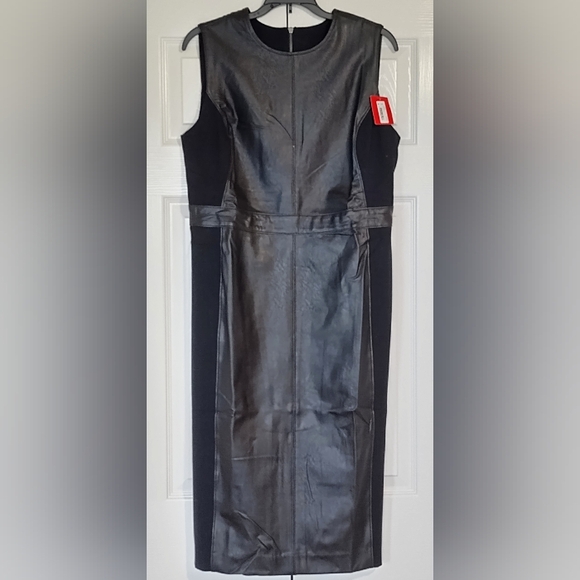 SPANX Faux Leather Combo Fitted Sheath Stretch Dress Luxe Black Size Large - Picture 13 of 13
